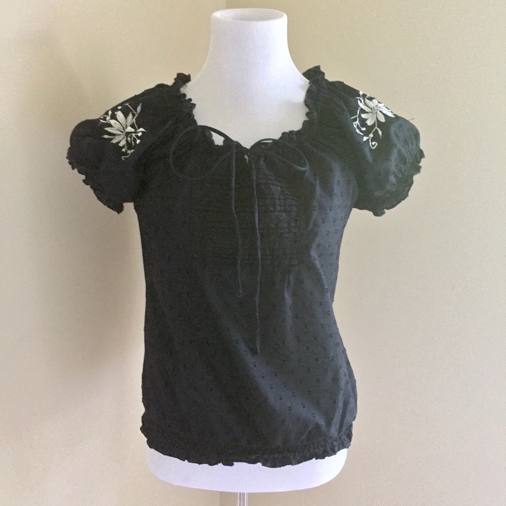 Black and White Embroidered Peasant Top by Angie